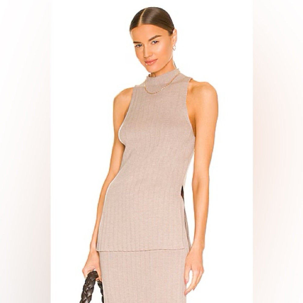 Weekend Stories Saskia Rib Knit Mock Neck Sleeveless Sweater Tan XS Minimalist